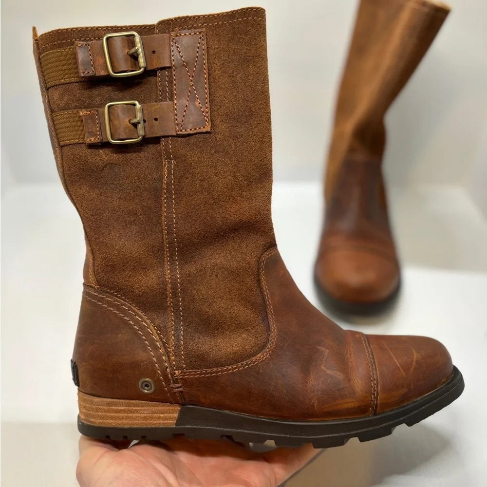 Sorel Major Pull On Mid-Calf Boots Womens 6.5 Brown Leather Moto Buckle Riding